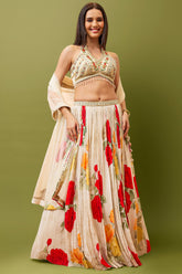 Off White Crepe Silk Floral Printed Pleated Lehenga with Heltar Neck Blouse